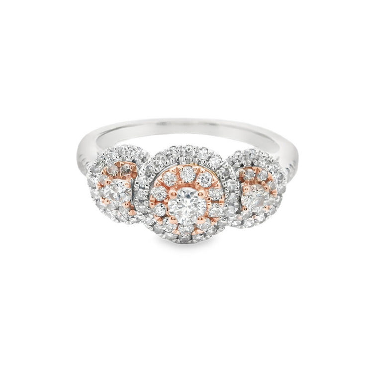 2-tone-Canadian-Diamond-Three-stone-Halo-ring-Fame-Diamonds