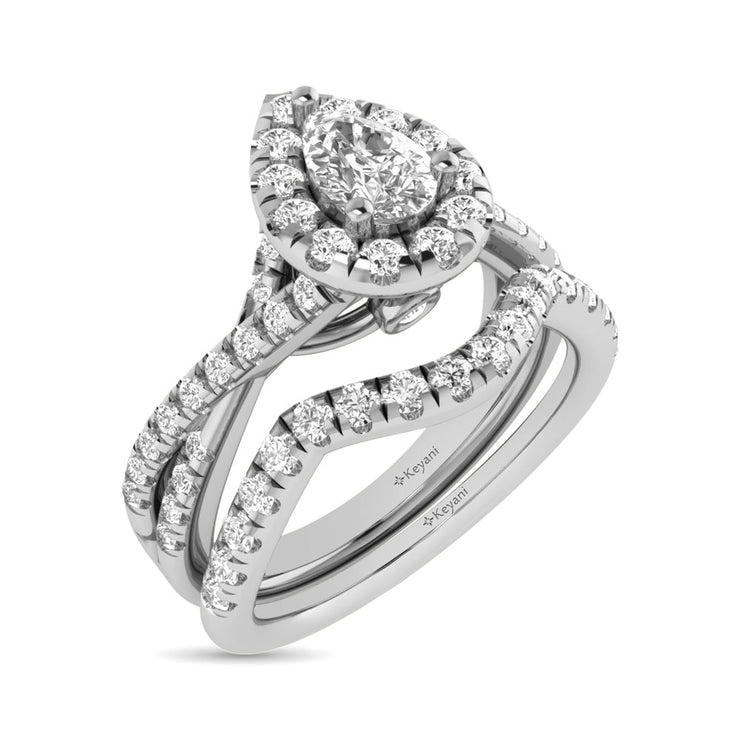 14KT White Gold 1ctw Diamond Pear Halo Braided Shank Bridal Set Engagement Ring