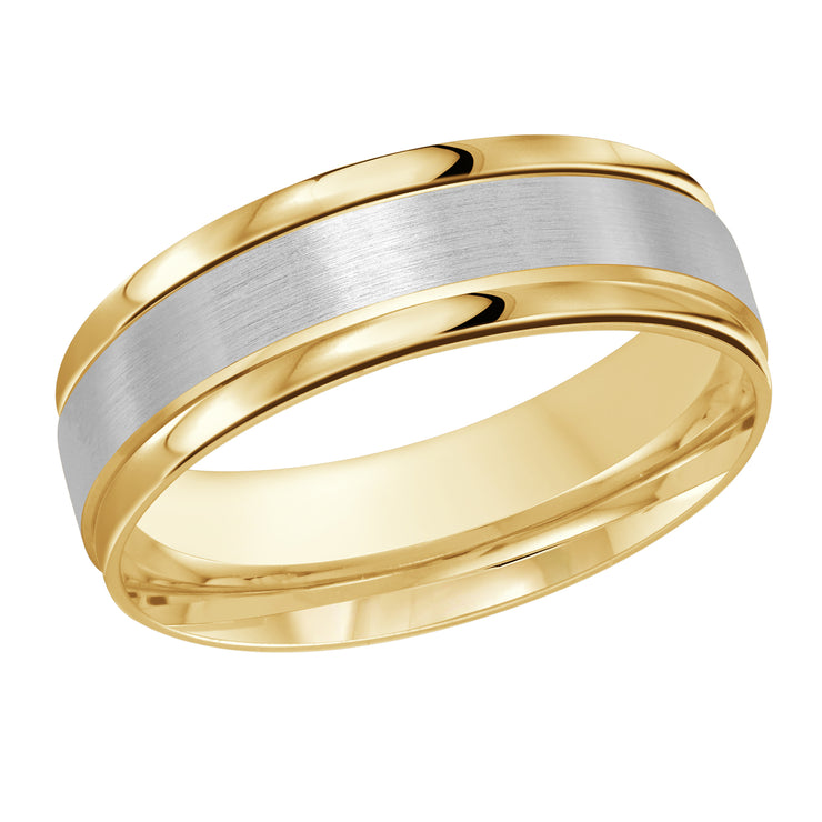 7mm wedding ring showcases a beautiful contrast of a white gold satin and yellow gold